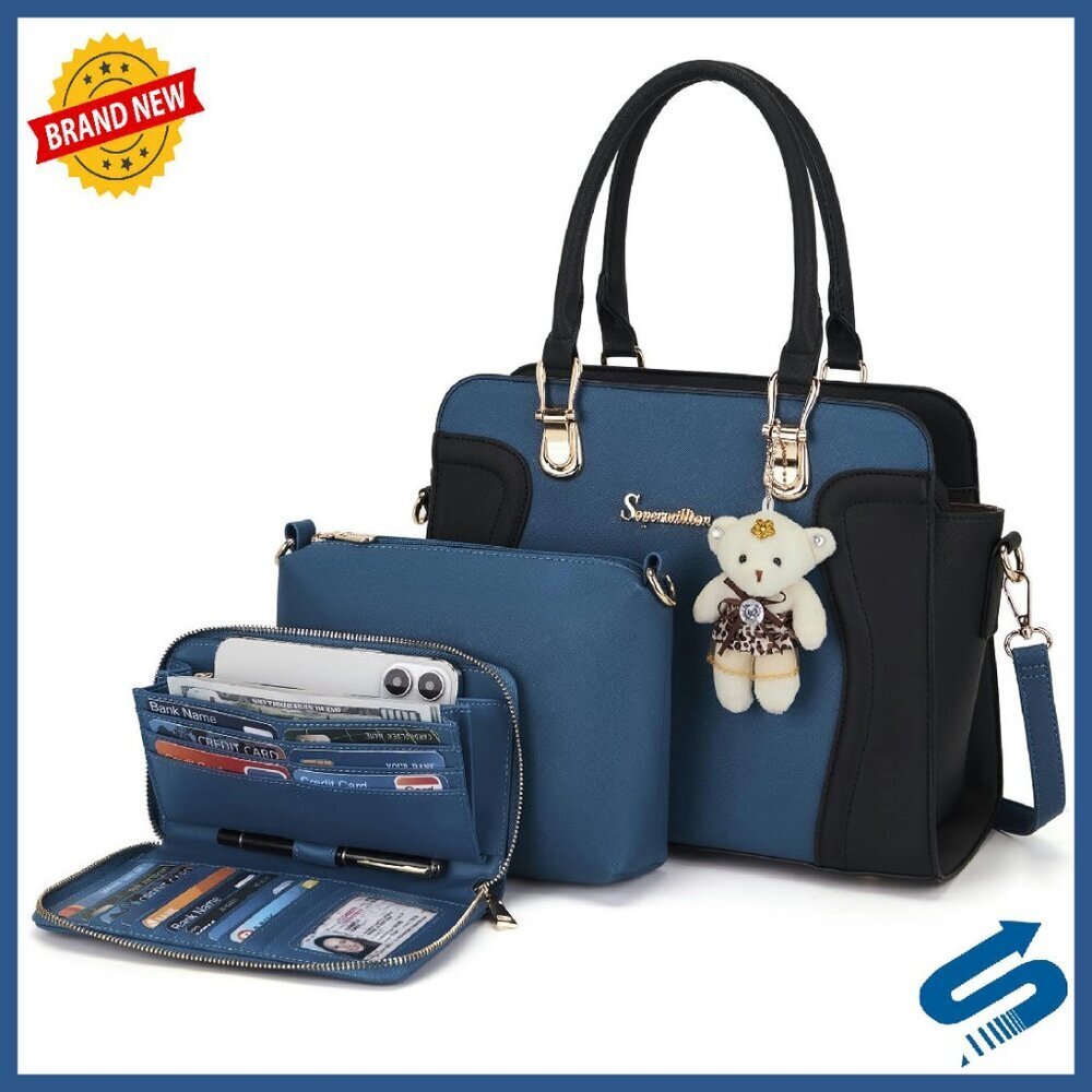 3-Piece Tote Crossbody Bag Set with Wallet, Synthetic Leather, Large Capacity